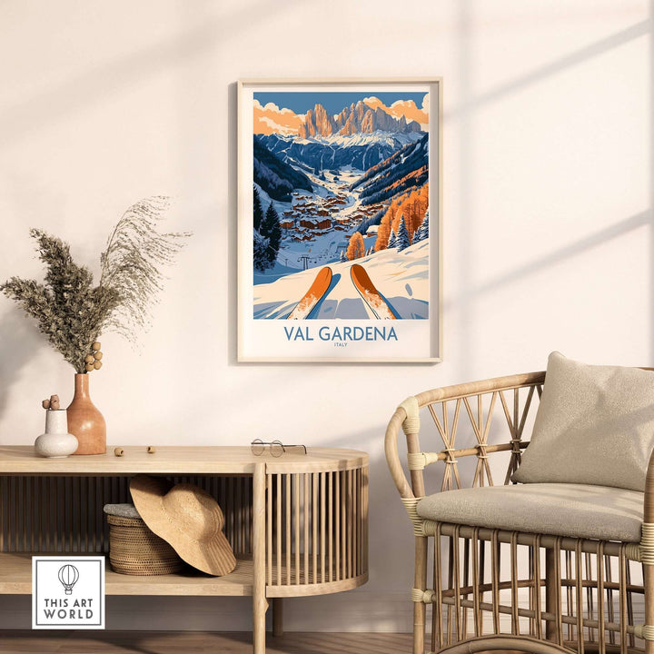 Val Gardena Ski Print showcasing stunning mountain scenery and ski slopes, perfect for home decor lovers inspired by Italy.