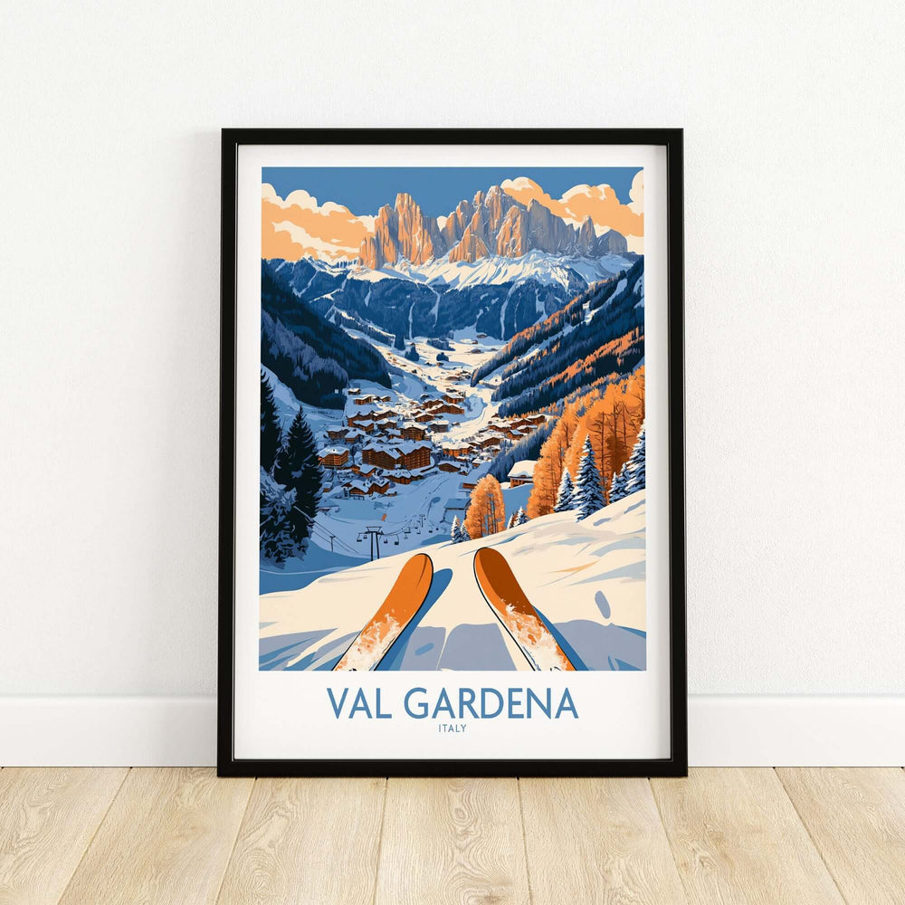 Val Gardena ski print featuring a stunning snowy landscape and mountains, perfect for ski wall art decor from Italy.