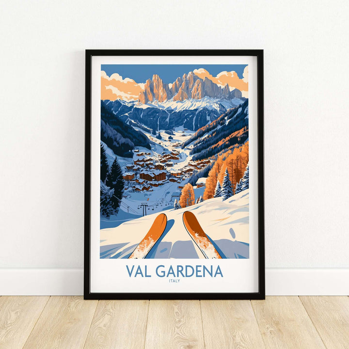 Val Gardena ski print featuring a stunning snowy landscape and mountains, perfect for ski wall art decor from Italy.