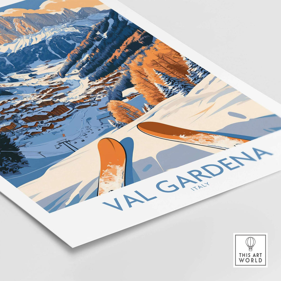 Val Gardena ski print featuring vibrant slopes and skis in a stunning Italian mountain landscape. Perfect for ski wall art.