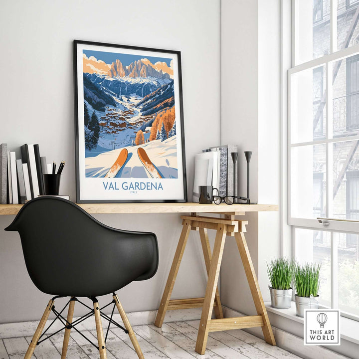 Val Gardena Ski Print displayed on a desk in a stylish interior, showcasing the beauty of skiing in Italy.