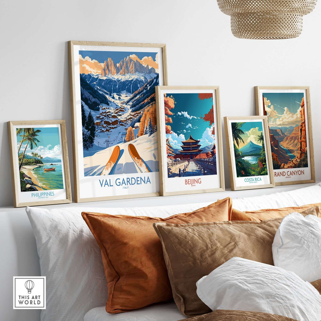 Val Gardena Ski Print displayed among travel posters showcasing stunning landscapes and destinations.