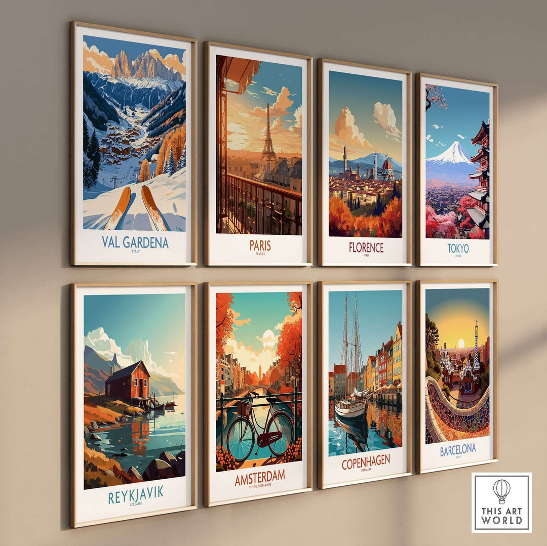 Vintage ski and travel art prints featuring Val Gardena, Paris, Florence, Tokyo, Reykjavik, Amsterdam, Copenhagen, and Barcelona.