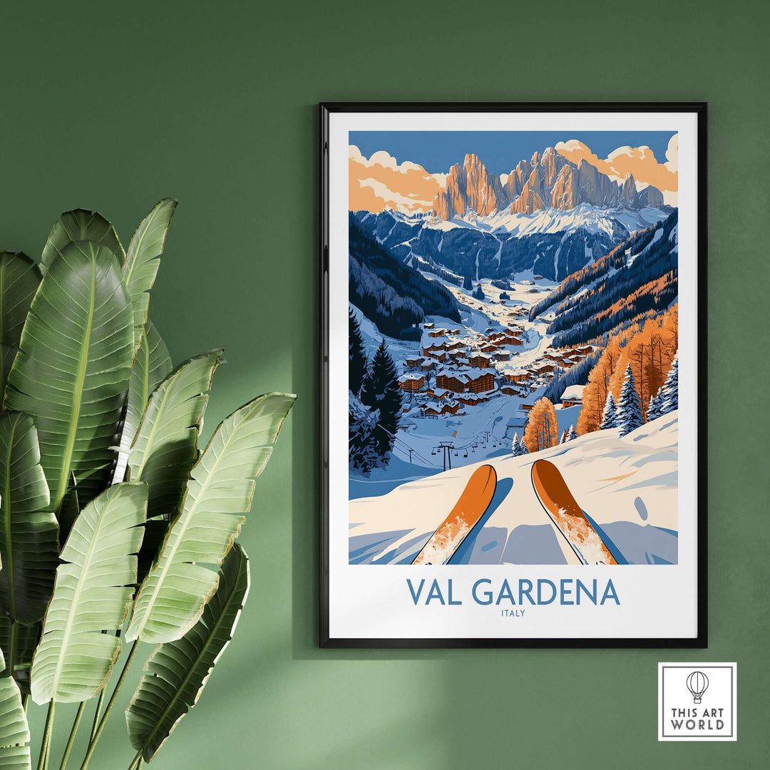 Val Gardena Ski Print showcasing stunning alpine scenery in Italy, framed and displayed against a green wall.