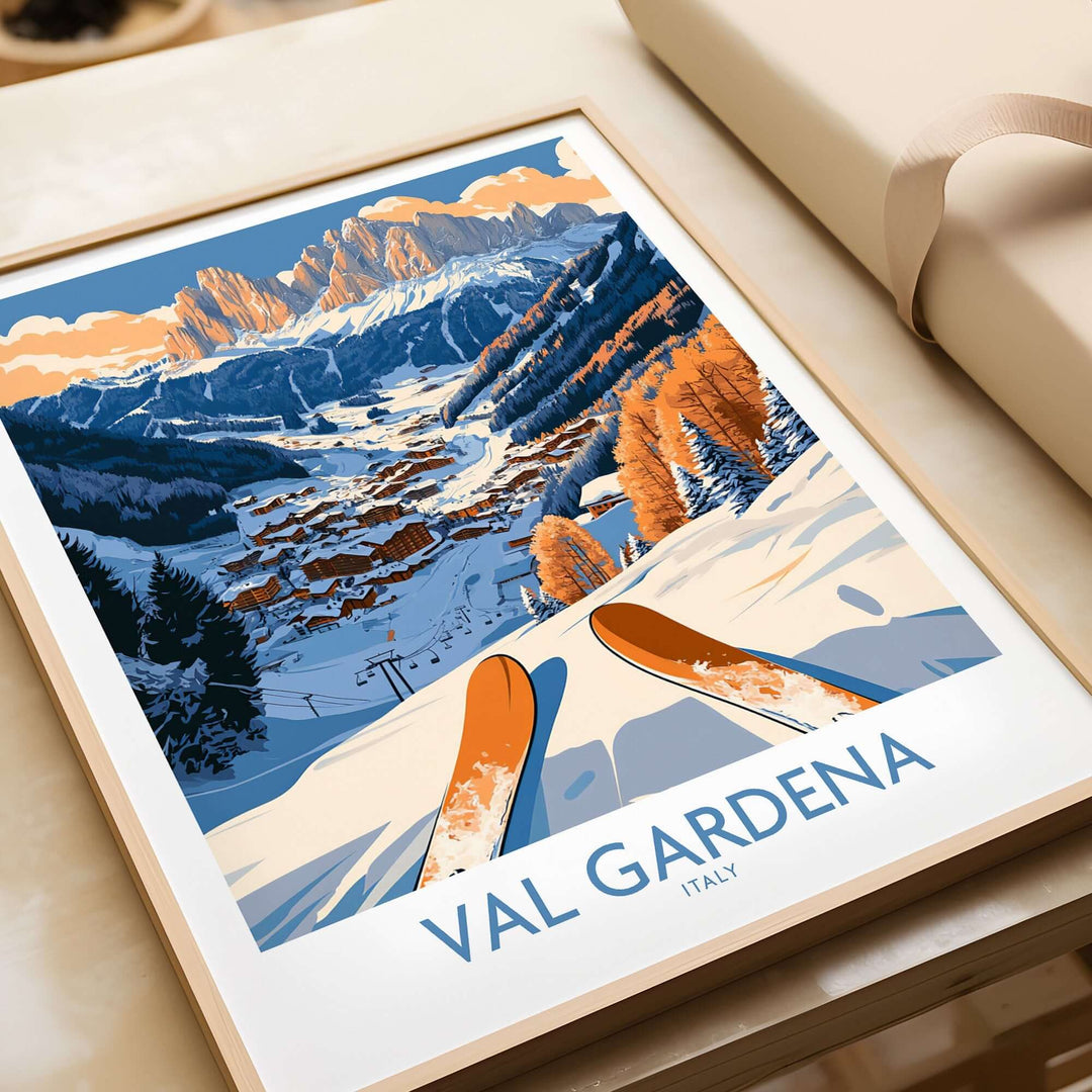 Val Gardena Ski Print showcasing vibrant slopes and majestic mountains of Italy, perfect for ski wall art enthusiasts.