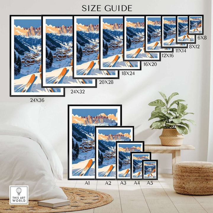 Size guide for Val Gardena travel poster prints displayed in various frame sizes, showcasing mountain scenery and skiing theme.