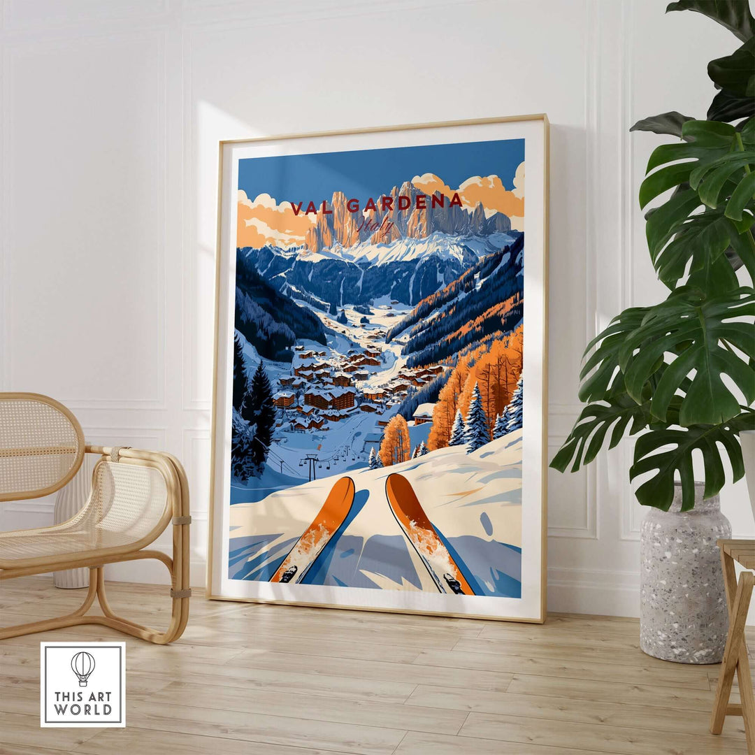 Val Gardena travel poster showcasing stunning mountains and ski slopes in Italy, perfect for ski enthusiasts.