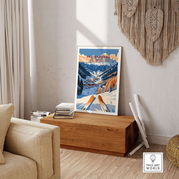 Val Gardena travel poster displayed in a cozy interior, showcasing picturesque Italian ski landscapes.