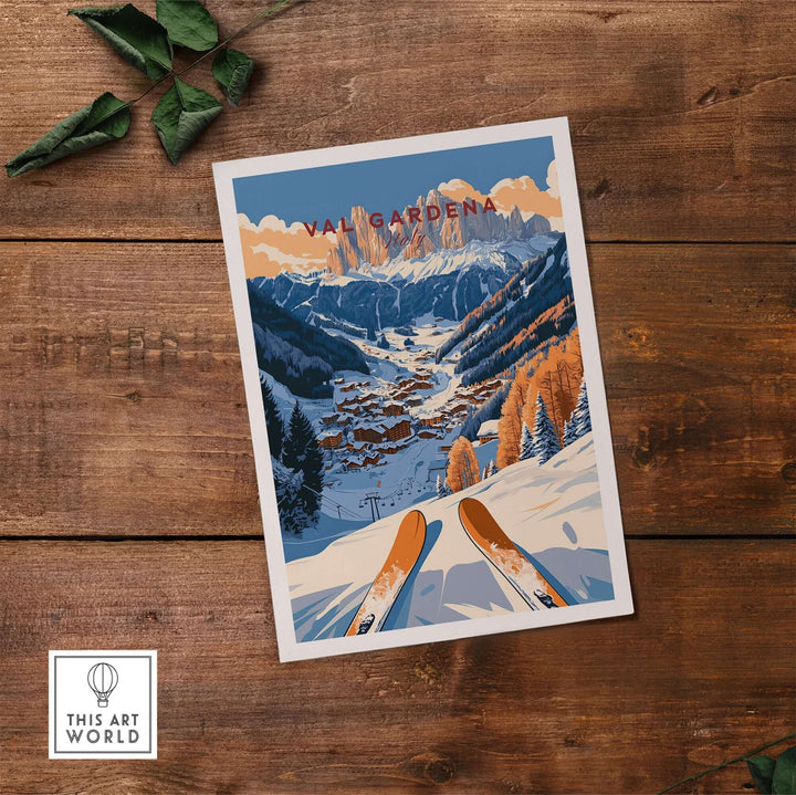 Val Gardena travel poster showcasing ski slopes and stunning alpine scenery in Italy, perfect for ski enthusiasts.