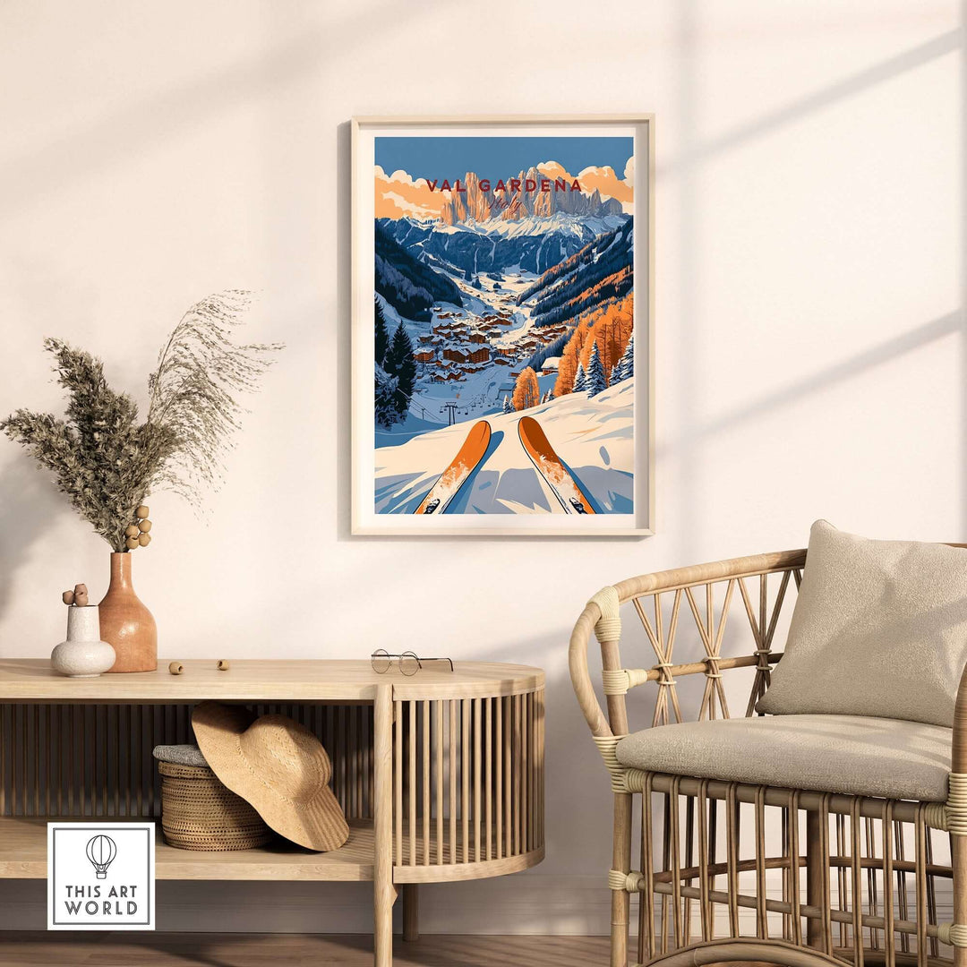 Val Gardena travel poster featuring snowy slopes and mountains, perfect for ski enthusiasts and home decor.