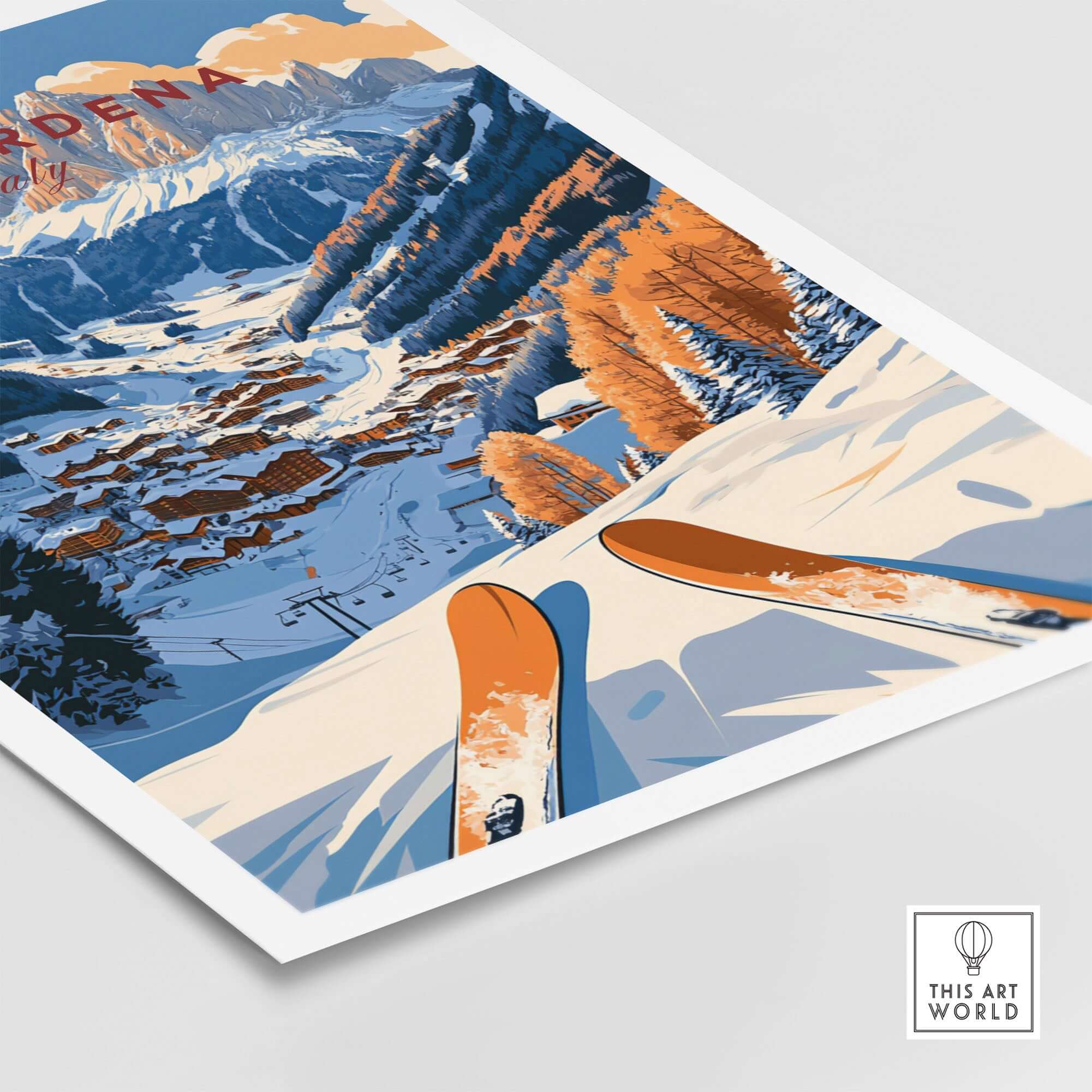 Val Gardena travel poster featuring skis overlooking a picturesque winter landscape in Italy. Perfect for ski enthusiasts.