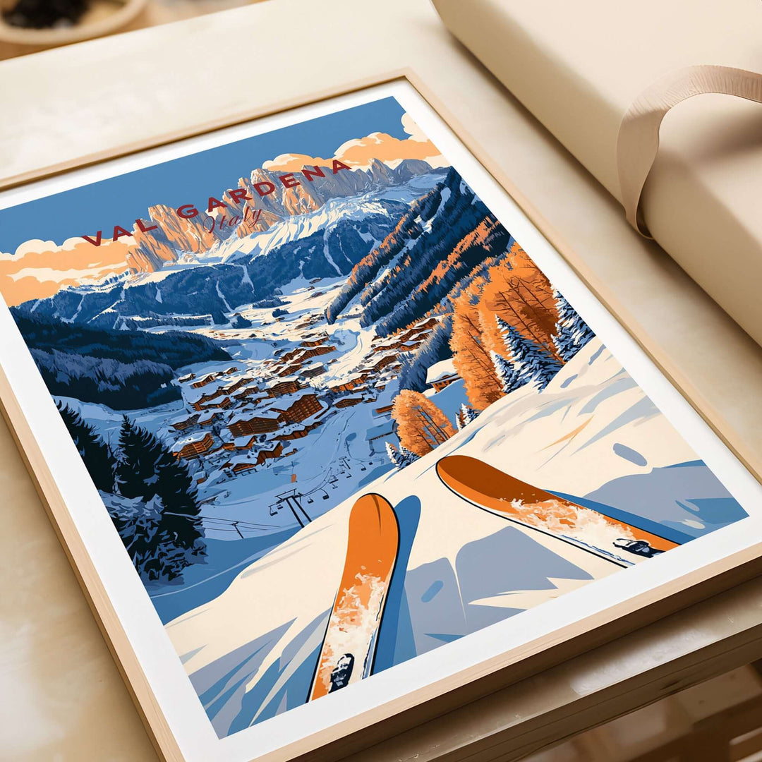 Val Gardena travel poster featuring ski slopes and mountainous landscape in Italy, showcasing vibrant colors and scenic beauty.