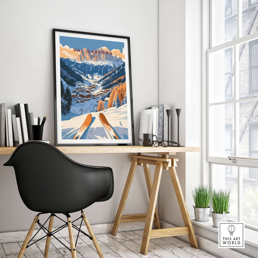 Val Gardena travel poster showcased in a stylish workspace, highlighting scenic slopes and ski culture in Italy.