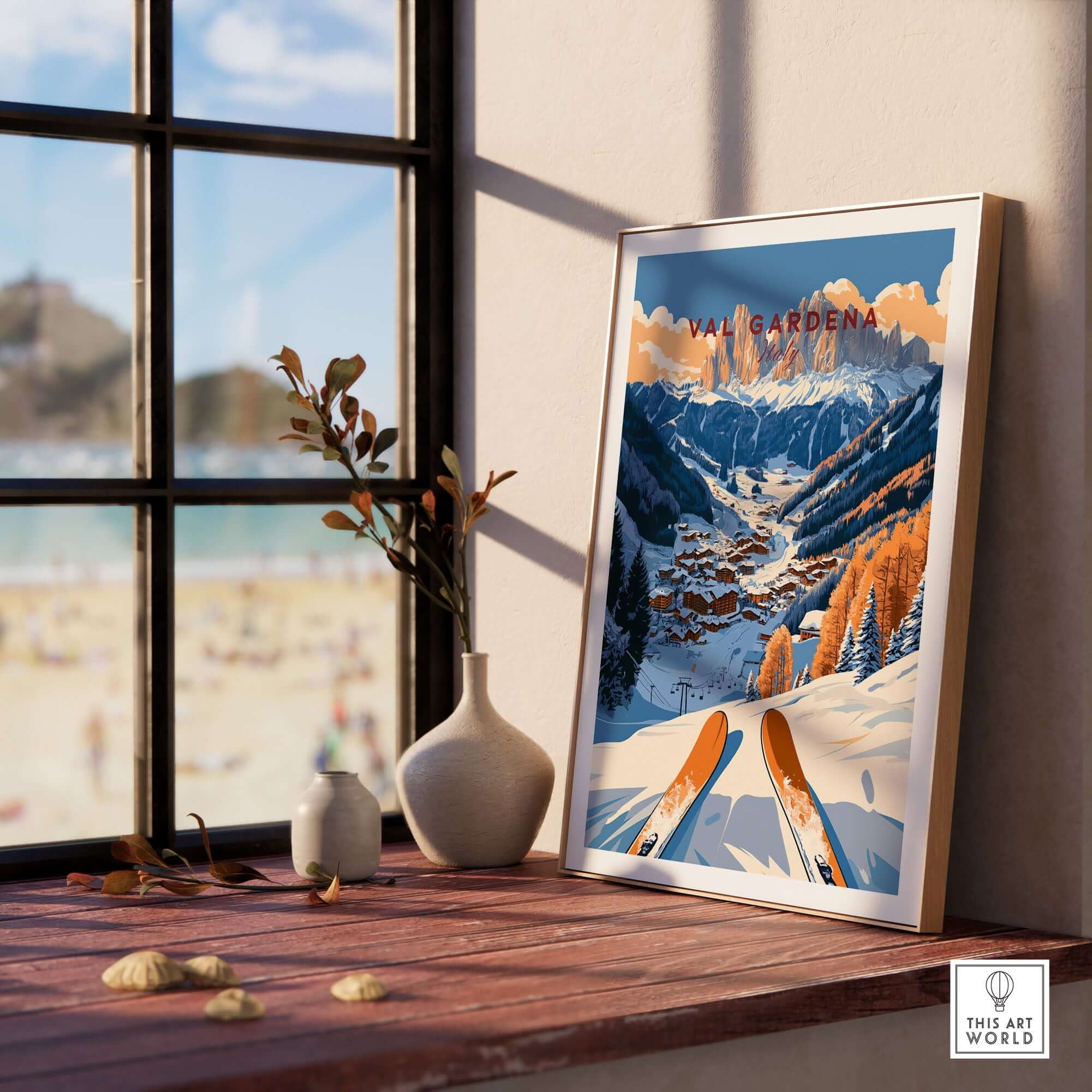 Val Gardena travel poster showcasing scenic mountains and skis, perfect for skiing enthusiasts and home decor.