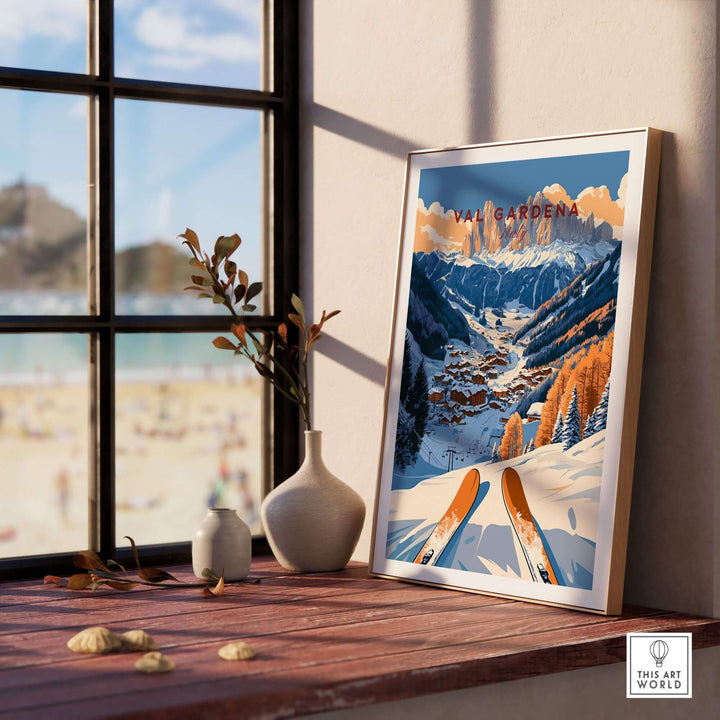 Val Gardena travel poster showcasing scenic mountains and skis, perfect for skiing enthusiasts and home decor.