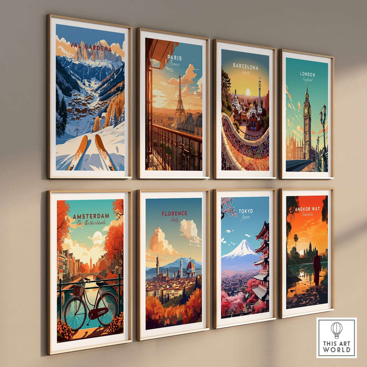 Colorful travel posters featuring iconic cities like Val Gardena, Paris, Barcelona, and Tokyo displayed in a modern frame arrangement.