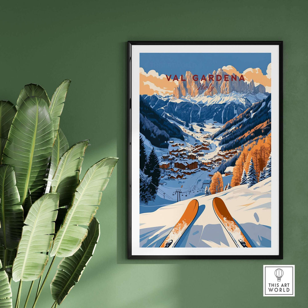 Val Gardena travel poster showcasing stunning ski slopes and mountains in Italy, ideal for skiing enthusiasts and unique decor.