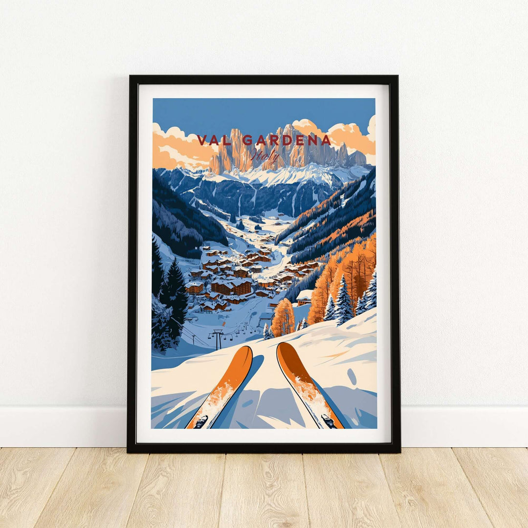 Val Gardena travel poster showcasing picturesque ski slopes and mountains in Italy, perfect for skiing enthusiasts.