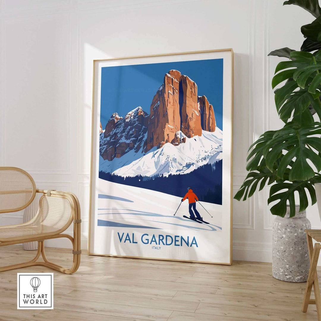 Val Gardena ski poster wall art showcasing an alpine skier on a snowy mountain, perfect for home décor.