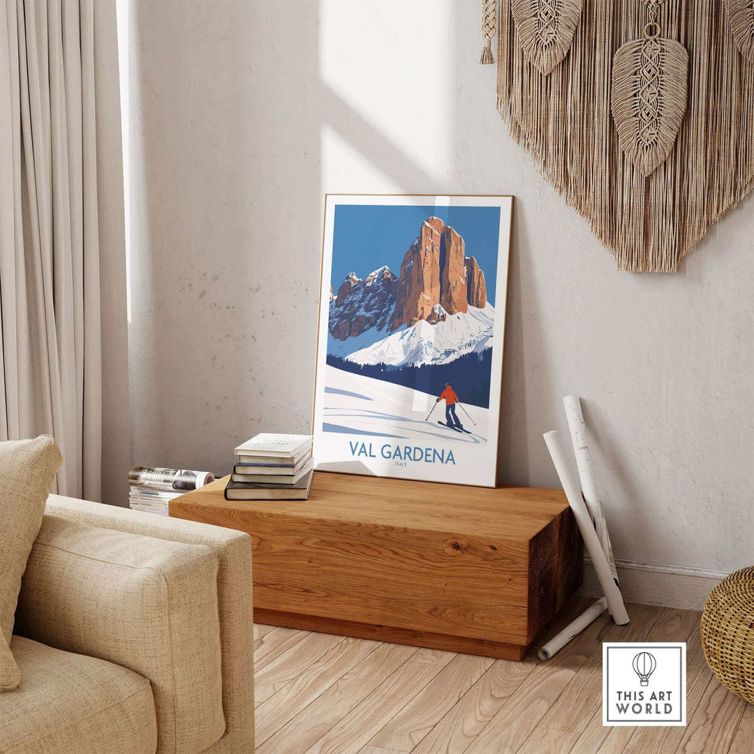 Val Gardena ski poster wall art in a cozy living room setting, featuring snowy mountain scenery.