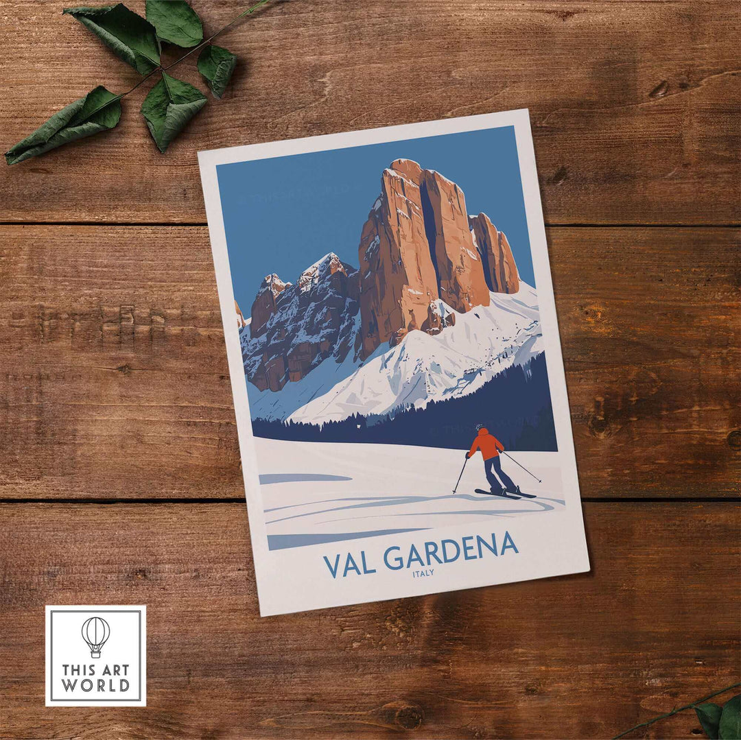 Val Gardena wall art ski poster featuring a skier and snowy mountain landscape on a wooden table surface.