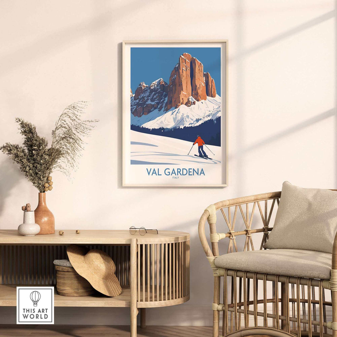 Val Gardena ski poster wall art featuring a skier in snowy mountains, perfect for home decor and winter sports enthusiasts.