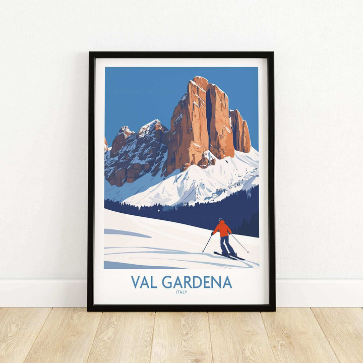 Val Gardena ski poster featuring a skier on snowy slopes with mountain backdrop, perfect wall art for ski enthusiasts.