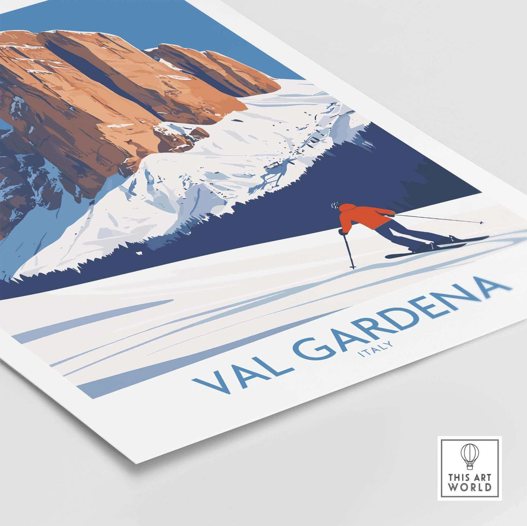 Val Gardena wall art ski poster featuring skier on snowy mountain landscape in Italy with bold design.