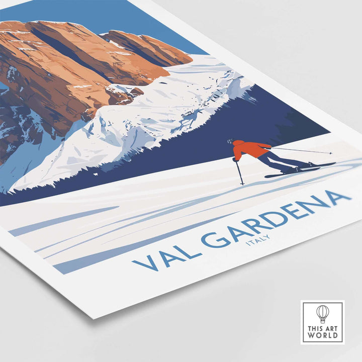 Val Gardena wall art ski poster featuring skier on snowy mountain landscape in Italy with bold design.