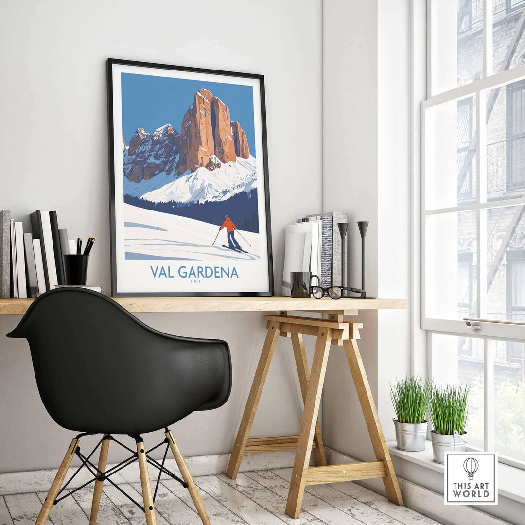 Stylish room decor featuring Val Gardena ski poster wall art with scenic mountain view