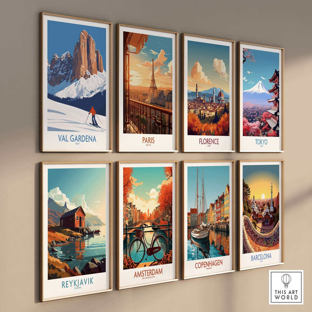 Eight travel-themed wall art posters, including Val Gardena Ski Poster, showcasing scenic destinations like Paris, Florence, and Tokyo.