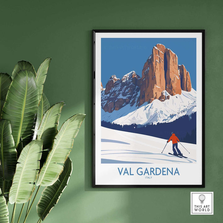 Val Gardena wall art ski poster with skier on snow-covered mountain, perfect for ski enthusiasts and home decor.