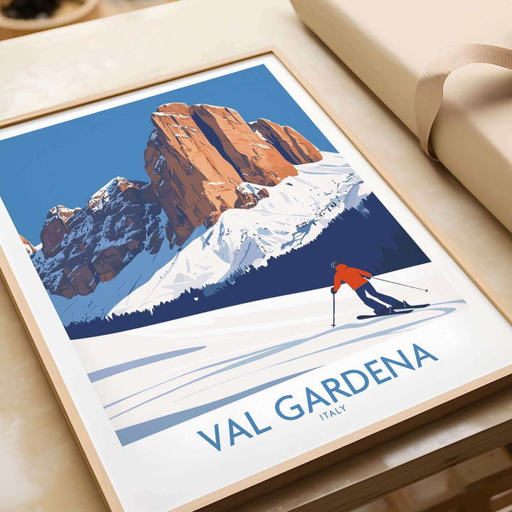 Val Gardena Ski Poster, featuring a skier in a picturesque Italian mountain landscape, ideal wall art for skiing enthusiasts.