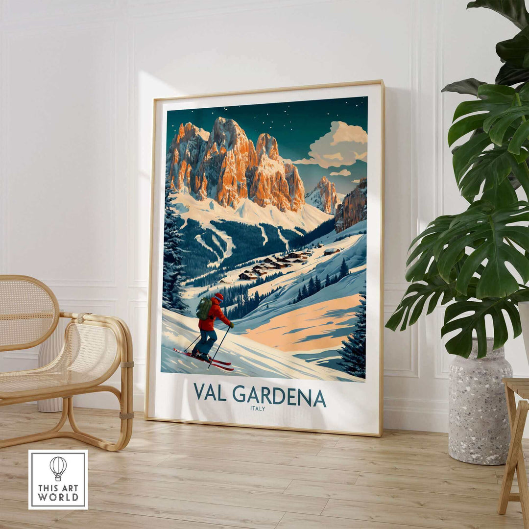 Val Gardena wall art ski print featuring an alpine skier, showcasing scenic Italian mountains, perfect ski poster for decor.