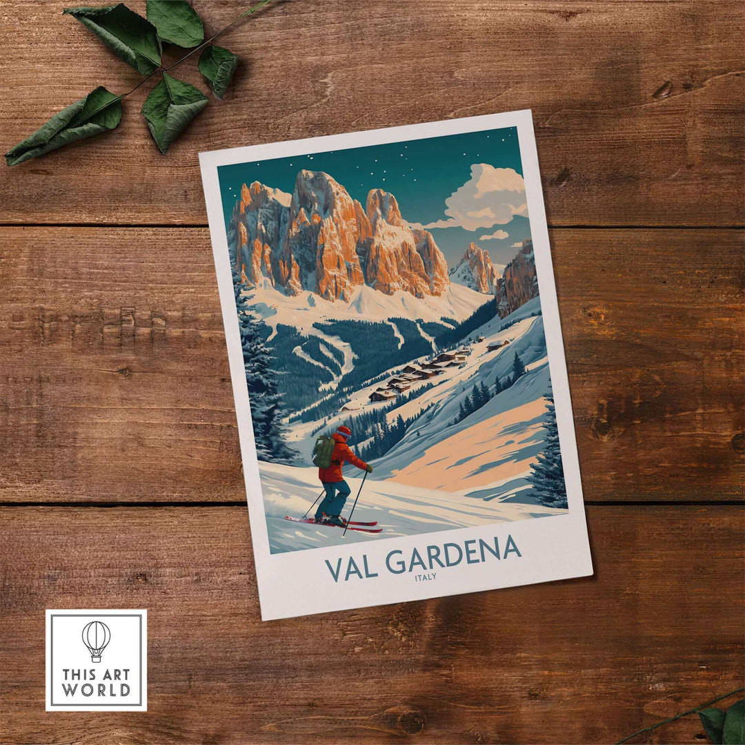 Val Gardena ski poster print featuring a skier in a scenic Italian mountain landscape, perfect wall art for ski lovers.