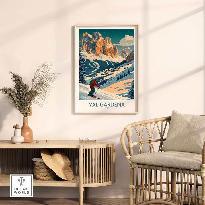 Val Gardena ski poster wall art featuring a snowy mountain scene in Italy displayed in a cozy living room.