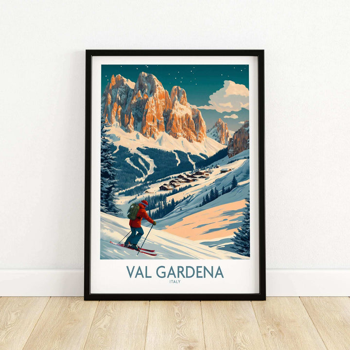 Val Gardena wall art ski poster featuring a skier in Italy's snowy mountain landscape.