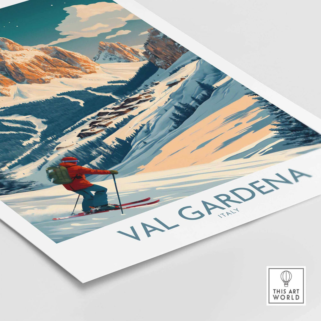 Val Gardena Italy Ski Poster Wall Art featuring skier against mountain backdrop