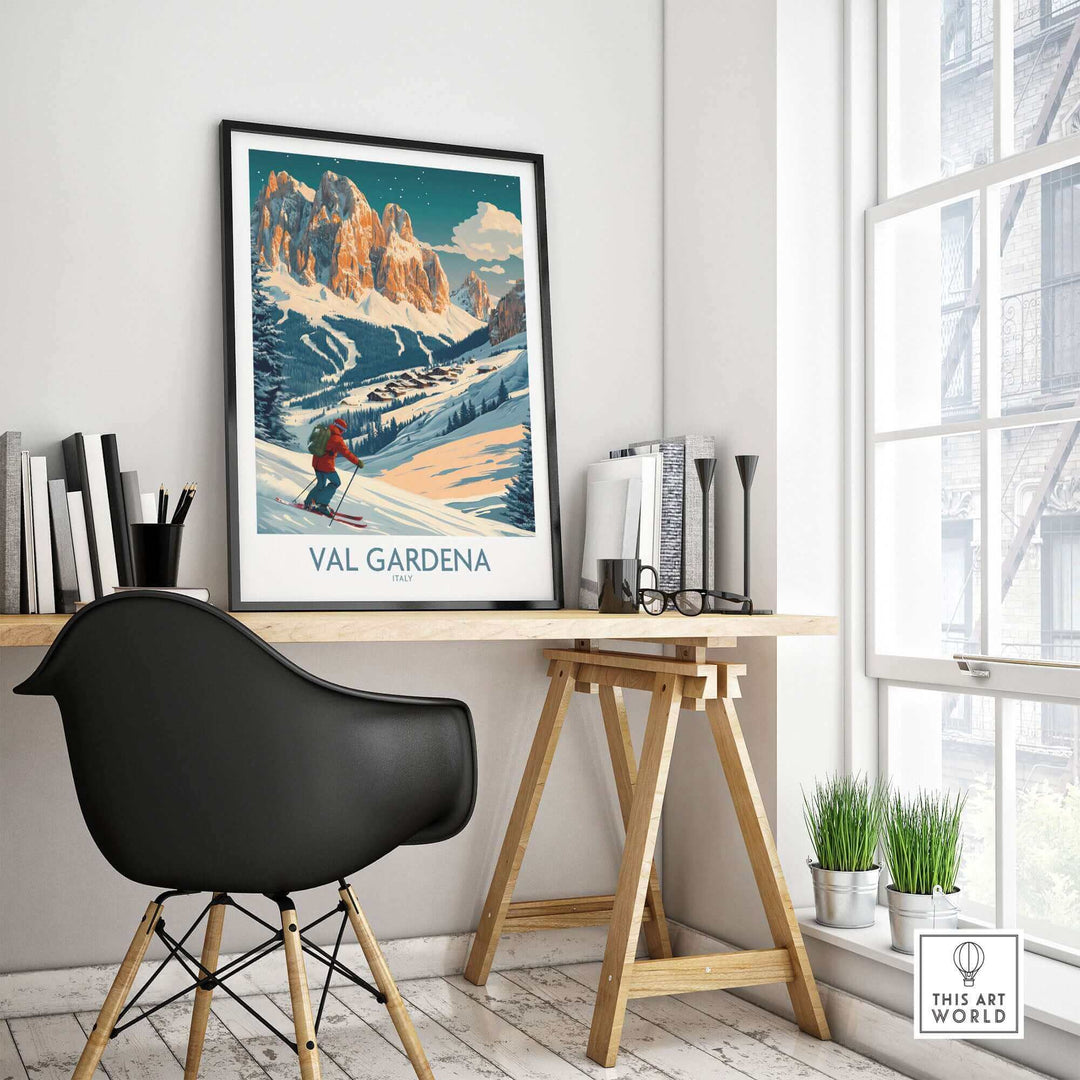 Framed Val Gardena Ski Poster Wall Art in Modern Room – Italy Ski Print Decor