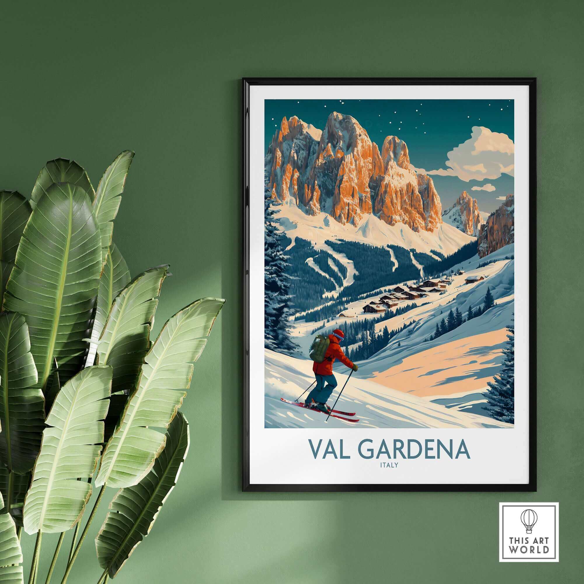 Val Gardena Italy ski poster wall art with skier and mountain landscape.