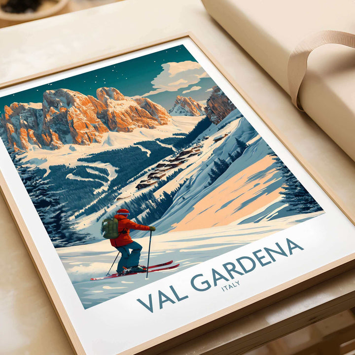 Vintage Val Gardena ski poster featuring scenic winter landscape in Italy, perfect wall art for ski enthusiasts.