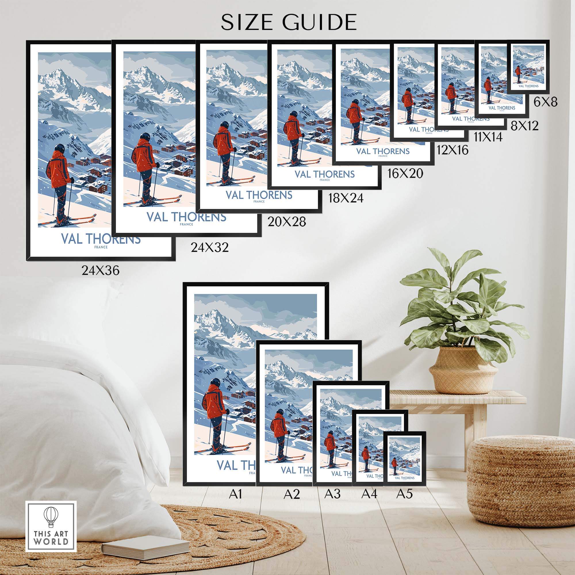 Val Thorens France Print size guide showcasing various frame sizes and artwork options for home decor.