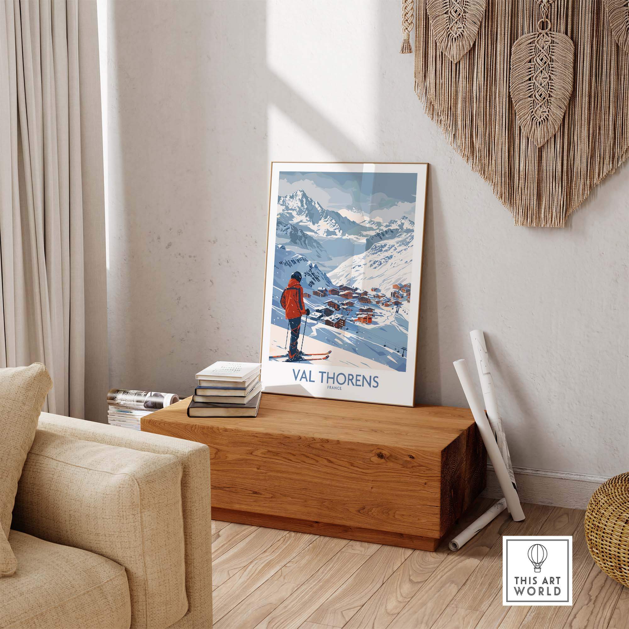 Val Thorens France ski print displayed in a stylish interior, showcasing mountains and a skier in vibrant colors.