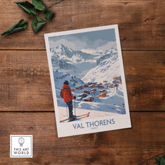 Val Thorens France print featuring a skier against a scenic snowy mountain backdrop, perfect for home or office decor.