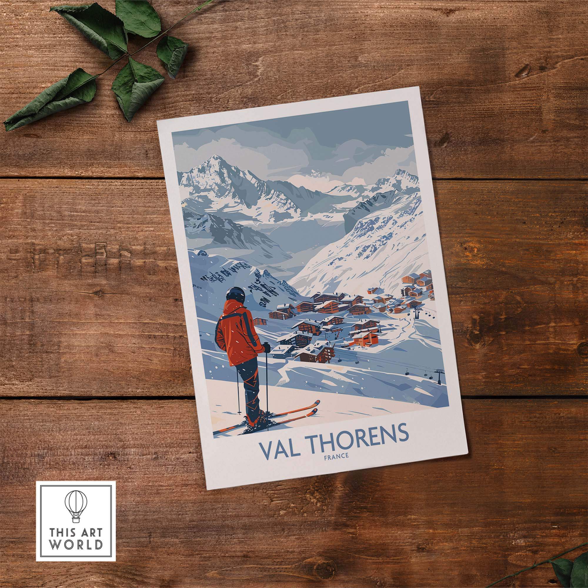 Val Thorens France print featuring a skier against a scenic snowy mountain backdrop, perfect for home or office decor.