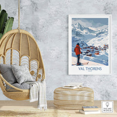 Val Thorens France print featuring a skier on slopes, perfect for adding charm to home decor in a cozy setting.