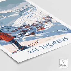 Val Thorens France ski print showcasing snowy mountains and ski resort in vibrant colors, perfect for home or office decor.