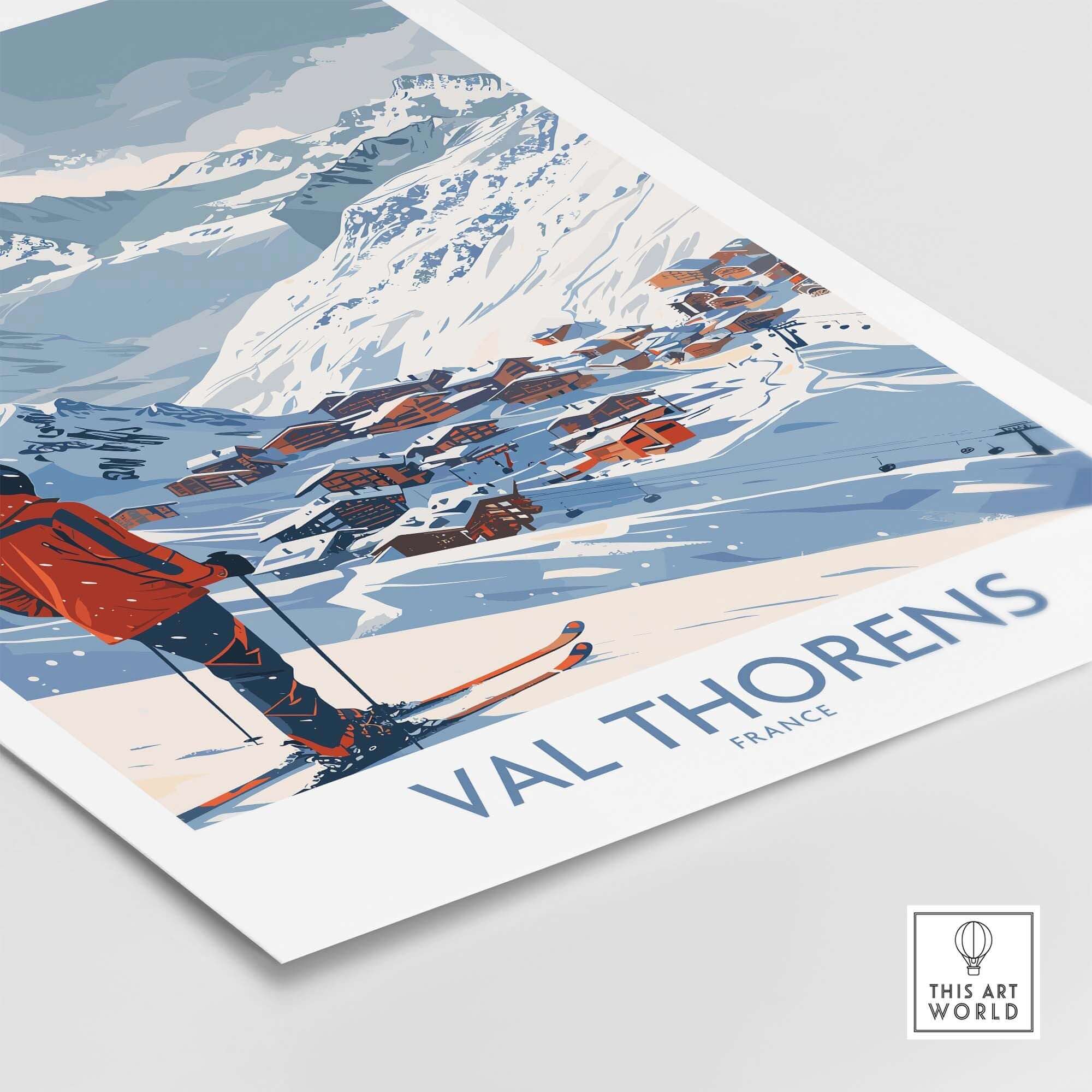 Val Thorens France ski print showcasing snowy mountains and ski resort in vibrant colors, perfect for home or office decor.