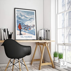 Val Thorens France ski print displayed in a stylish home office with modern decor and natural lighting.