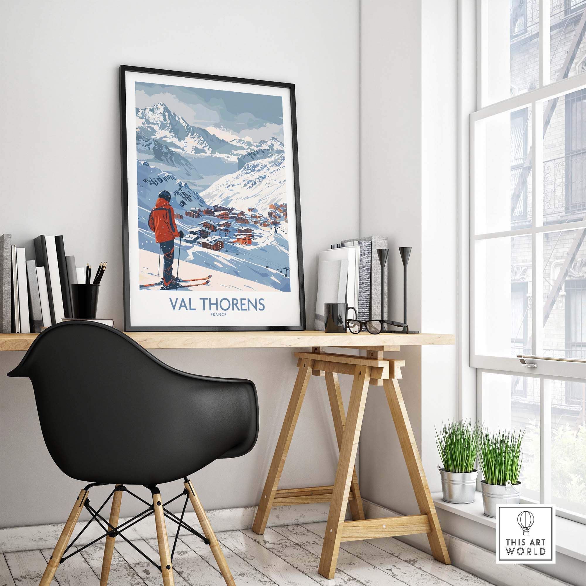 Val Thorens France ski print displayed in a stylish home office with modern decor and natural lighting.